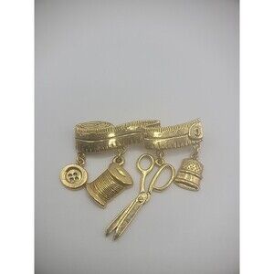 Vintage 1928 Gold Tone Brooch Pin Charms Seamstress Sew Jewelry Costume